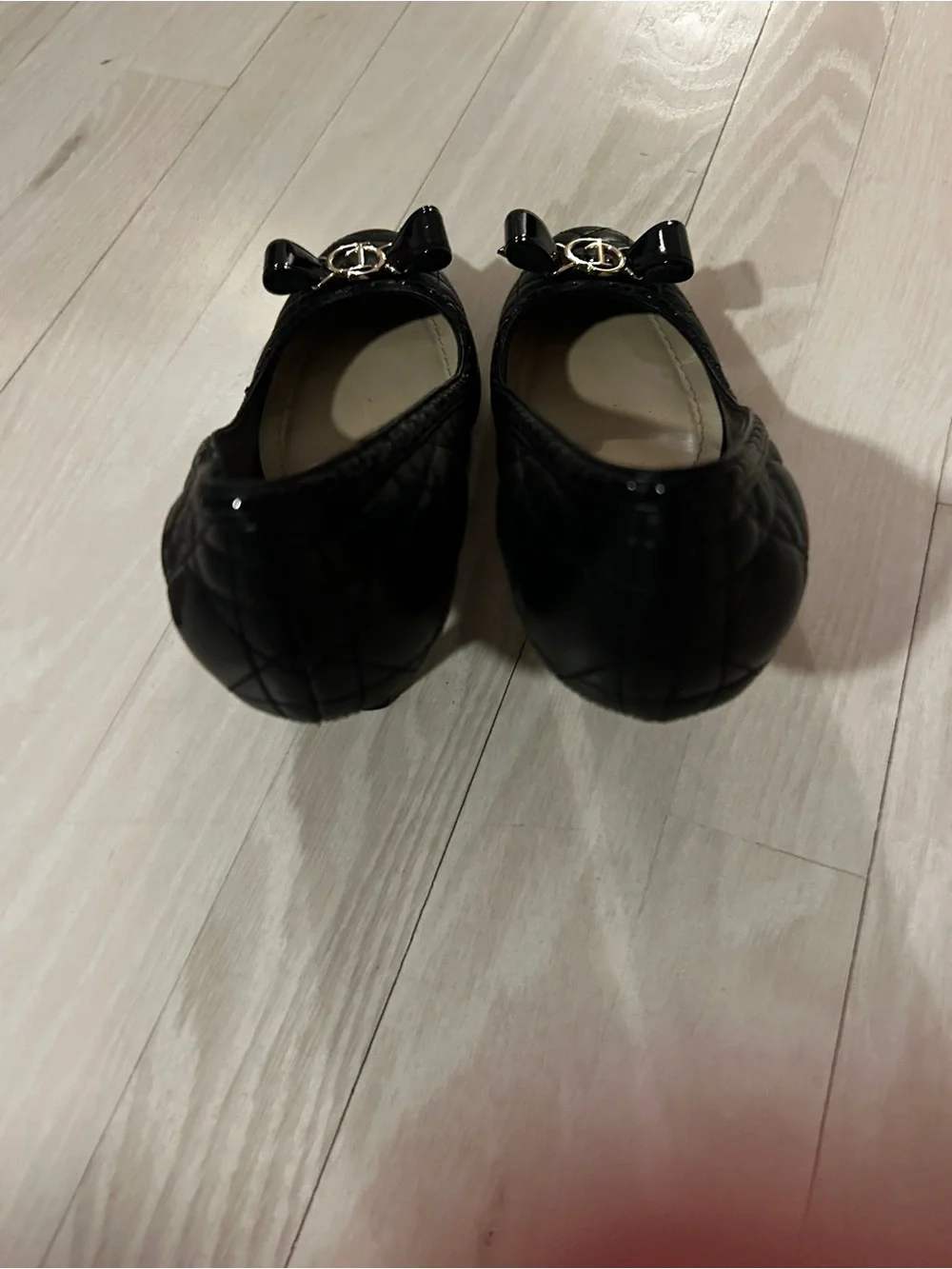 Dior Black Quilted Cannage leather heels.  Gold CD Bow